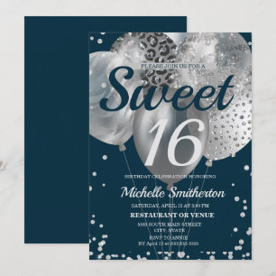 Carte Ballon Pailleté Bleu Marine Argent Anniversaire Sw