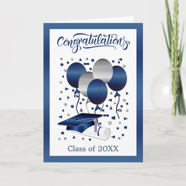 Carte Ballons Bleu Argent Mortier Diplôme Casquette Dipl (Devant)