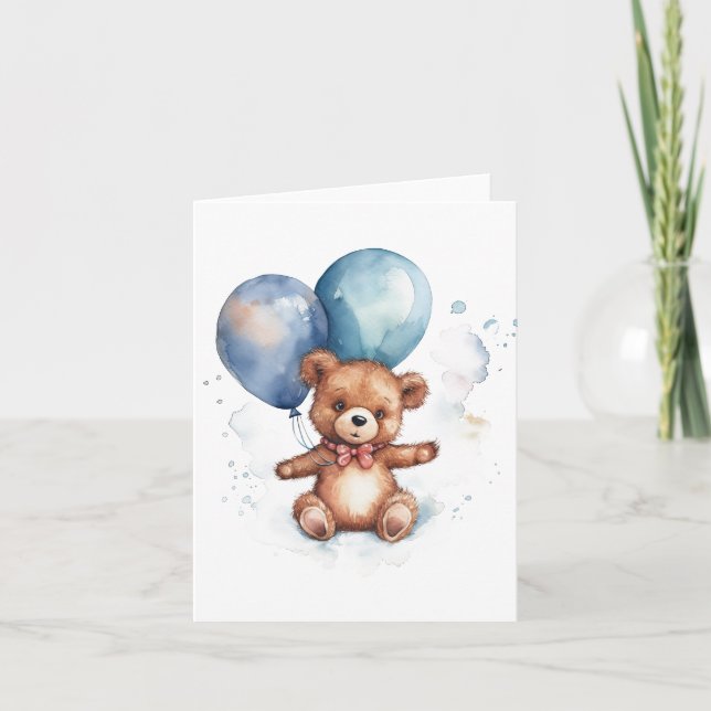 Carte Ballons bleus à l'aquarelle Ours en peluche marron (Devant)
