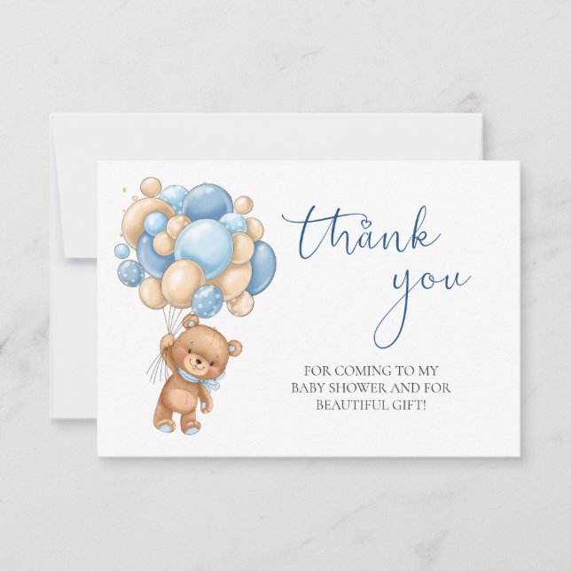 Carte Ballons Bleus Teddy Bear Baby shower Merci (Devant)