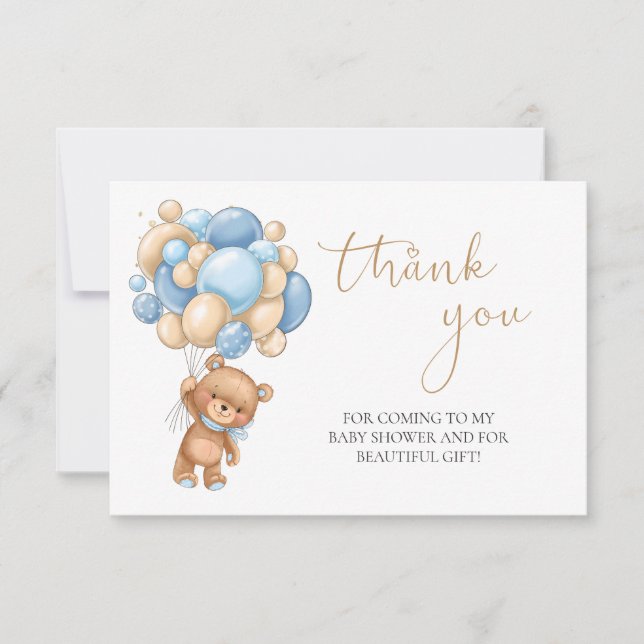 Carte Ballons Bleus Teddy Bear Baby shower Merci (Devant)