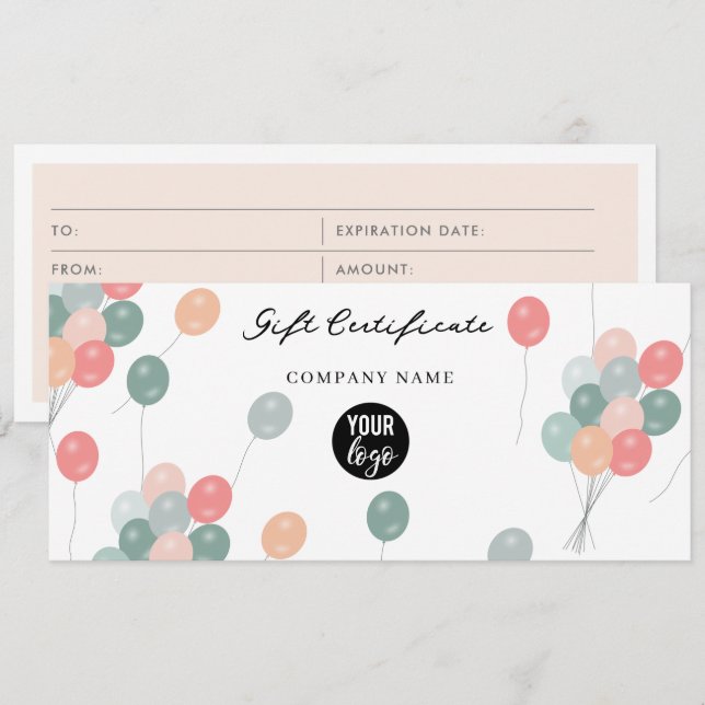 Carte Ballons Blog Entreprise Billet cadeau de certifica (Devant / Derrière)
