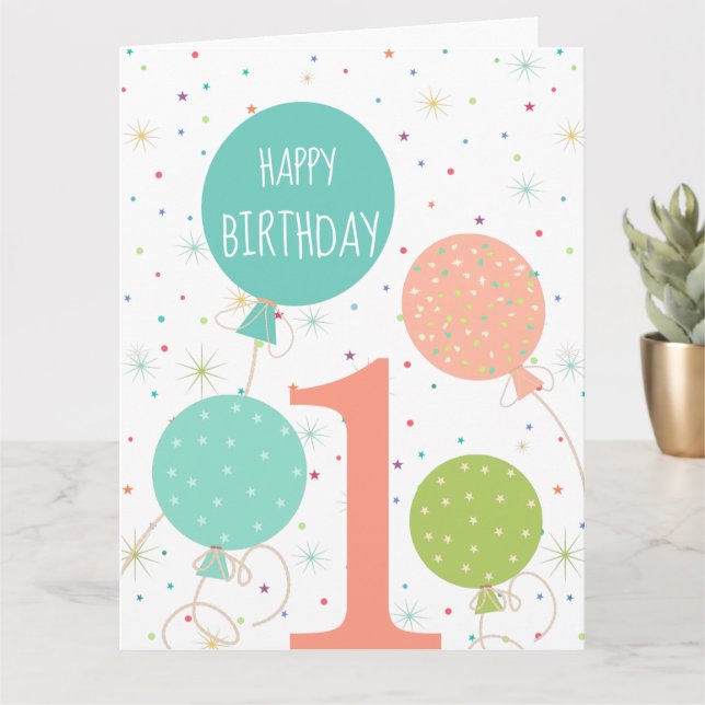 Carte Ballons couleur mignonne Pastel 1er anniversaire (Petite plante)