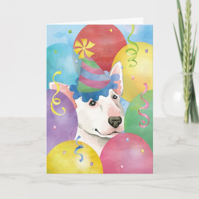 Carte Ballons d'anniversaire Bull Terrier (Devant)