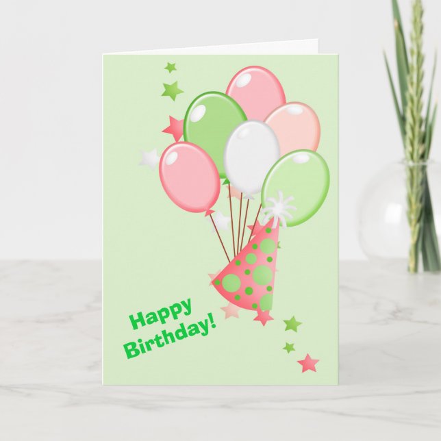 Carte Ballons d'anniversaire vert et rose (Devant)