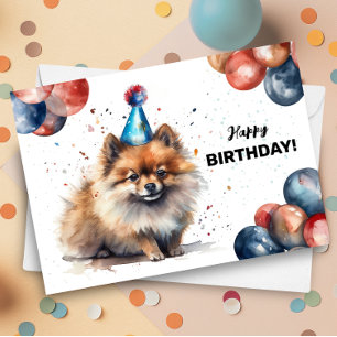 Carte Ballons de Chien Poméranien et Casquette de fête A