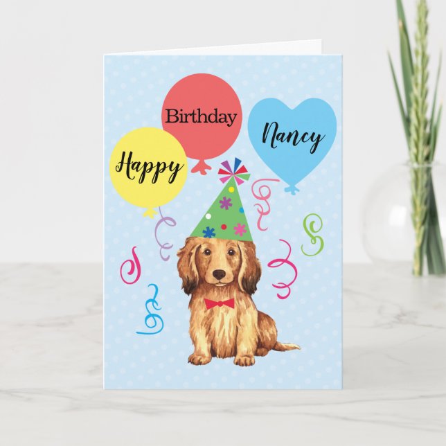 Carte Ballons de fête d'anniversaire Longhhair Dachshund (Devant)