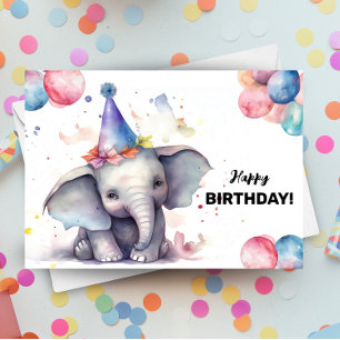 Carte Ballons éléphants et chapeau de fête Joyeux annive