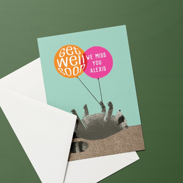 Carte Ballons Raccoon Drôle Get Well (funny dark humor get well soon card with dead raccoon and balloons tied to a foot)