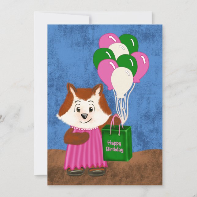 Carte Ballons Robe Rose Renard Cute Joyeux Cadeau Annive (Devant)