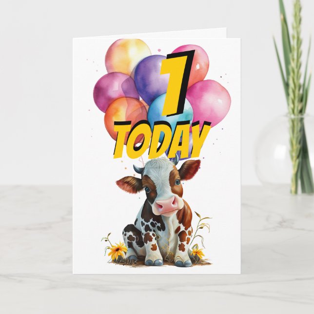 Carte Balloons Brown Vache 1er Anniversaire (Devant)