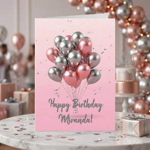 Carte Balloons élégants métallisés rose et argent Annive