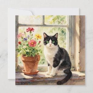 Carte Bande dessinée de chat et fleurs à thème aquarelle