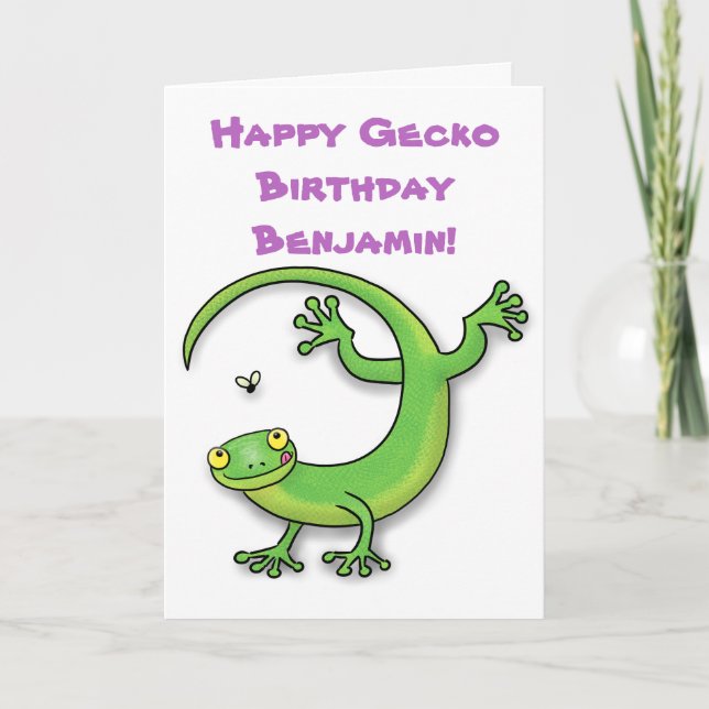 Carte Bande dessinée verte heureuse mignonne de gecko (Devant)