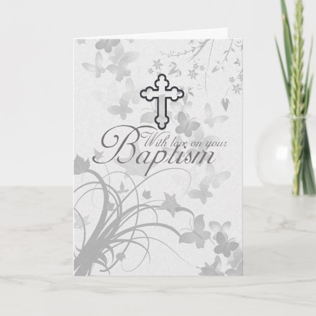 Carte Baptême Avec Fleurs Croisées Papillons (Devant)