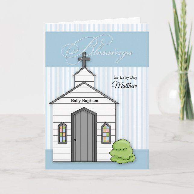 Carte Baptême bébé en bleu pour les garçons avec chapell (Devant)