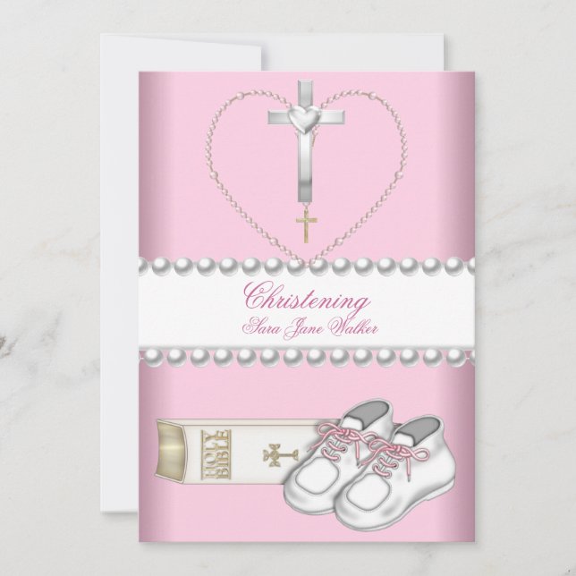 Carte Baptême Christening Girl rose blanc (Devant)