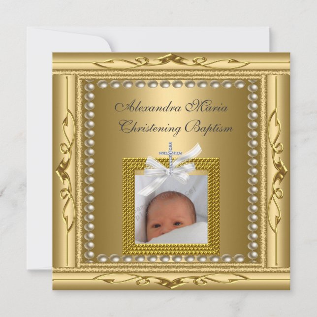 Carte Baptême Christening Gold Photo Frame Bow (Devant)
