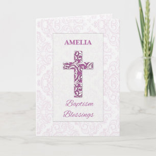 Carte Baptême de fille Bénédiction Croix rose Fils de Da