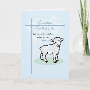 Carte Baptême de mon filleul Agneau sur fond Bleu