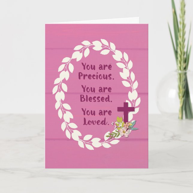 Carte Baptême Fille Précieuse Béni et aimé sur rose (Devant)