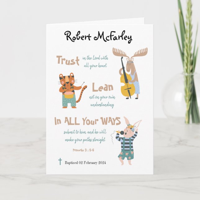 Carte Baptême Garçon Cute Animaux Musicaux Avec Verse Bi (Devant)