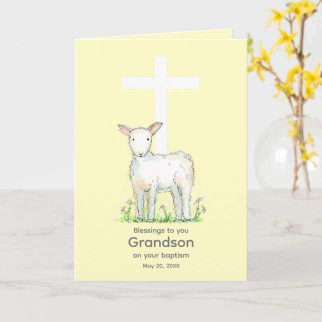 Carte Baptême Grandson Bénédiction Agneau Croix Religieu (Fleur jaune)