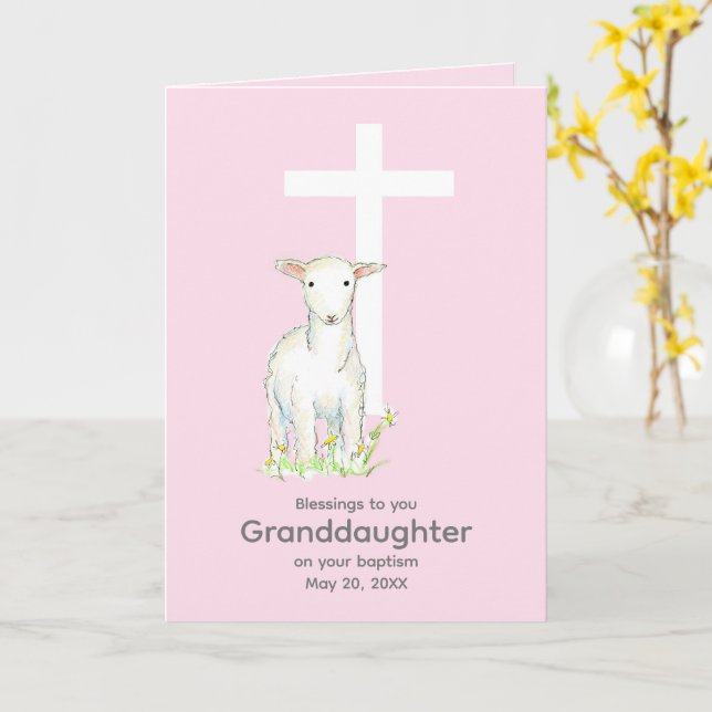 Carte Baptême Petite-fille Lamb Cross Religieux Rose (Fleur jaune)