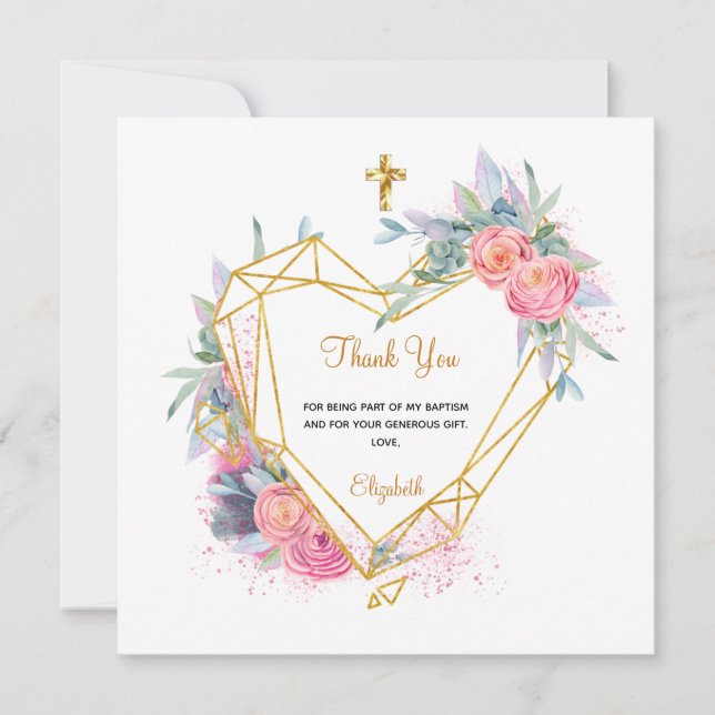 Carte Baptême rose floral photo fille merci (Devant)