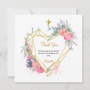 Carte Baptême rose floral photo fille merci
