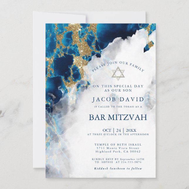 Carte Bar Mitzvah | Blue Sapphire Watercolor Geode (Devant)