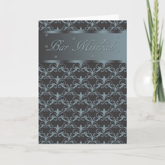 Carte Bar Mitzvah En Noir Mélangé Et Bleu/Gris (Devant)