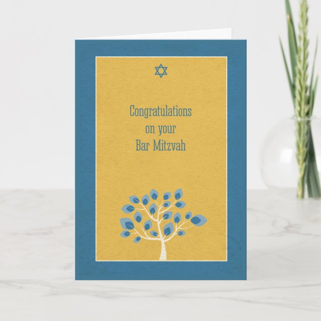 Carte Bar Mitzvah Félicitations, Arbre Bleu, Or (Devant)