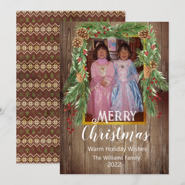 Carte Barnboard rustique, Pine Garland, Photo Noël (Devant / Derrière)