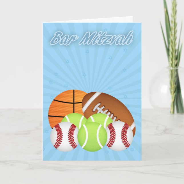 Carte Barre Mitzvah avec de diverses boules de sport, (Devant)