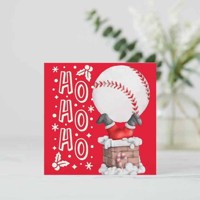 Carte Baseball Joyeux Noël avec le Père Noël sur fond ro (Debout devant)