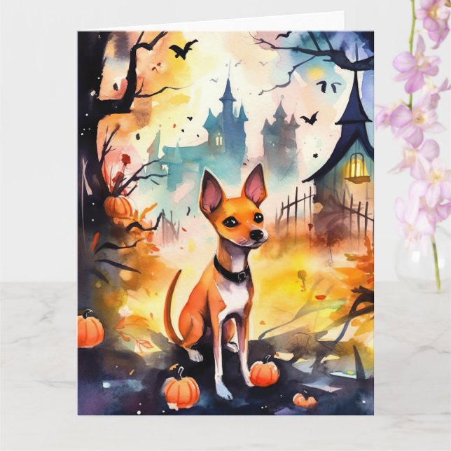 Carte Basenji D'Halloween Avec Peur Citrouille (Orchidée)