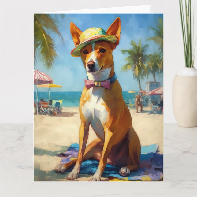 Carte Basenji sur la plage, cadeau d'été pour les amoure (Devant)