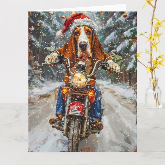 Carte Basset Hound Chien équitation Moto Noël (Fleur jaune)