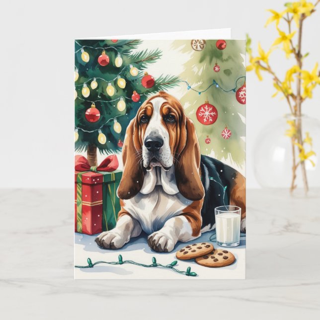 Carte Basset Hound Chien voeux de Noël (Fleur jaune)