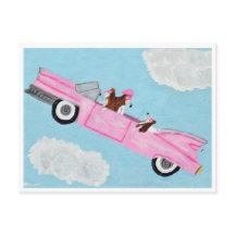 Carte Basset Hound dans une décapotable rose dans