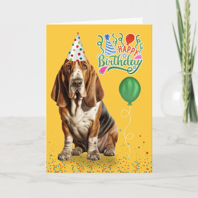 Carte Basset Hound Dog dans un Casquette de fête Anniver (Devant)