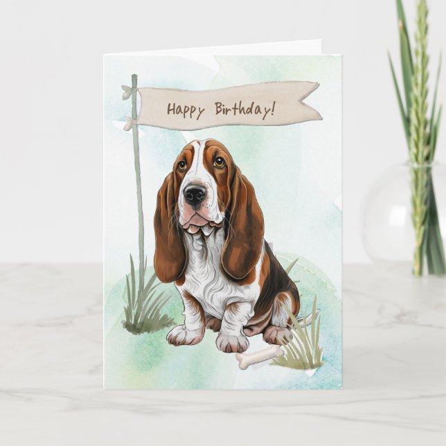 Carte Basset Hound Dog En Plein Air Sous Symbole D'Anniv (Devant)