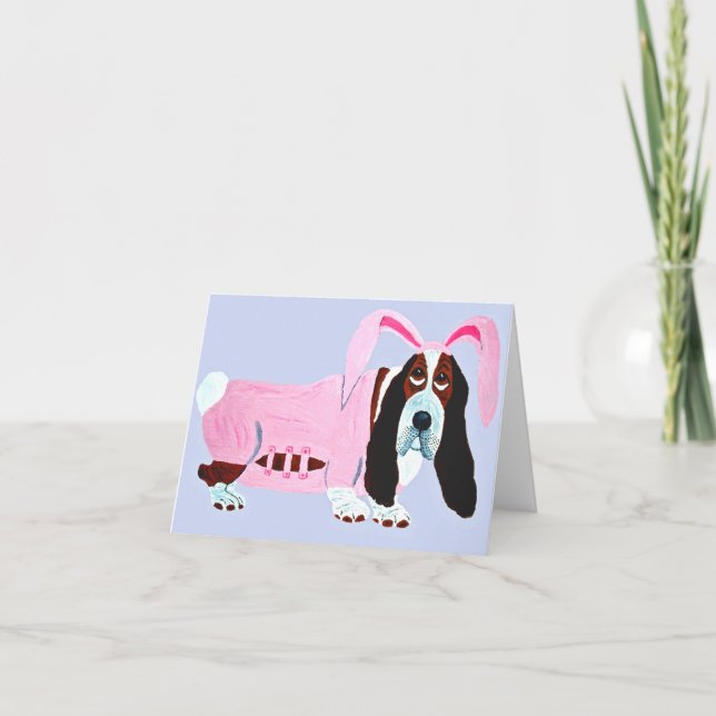 Carte Basset Hound en tenue de lapin rose (Devant)