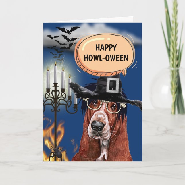 Carte Basset Hound, mignonne sorcière heureuse de howlow (Devant)