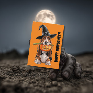 Carte Basset hound portant un chapeau de sorcière et une