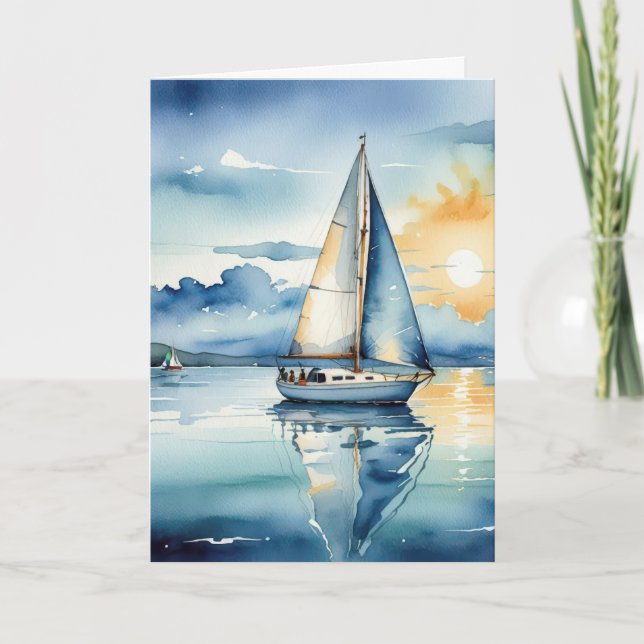 Carte Bateau d'aquarelle d'anniversaire sur un lac (Devant)