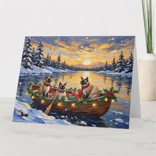 Carte Bateau de Noël de chat siamois pour les fêtes