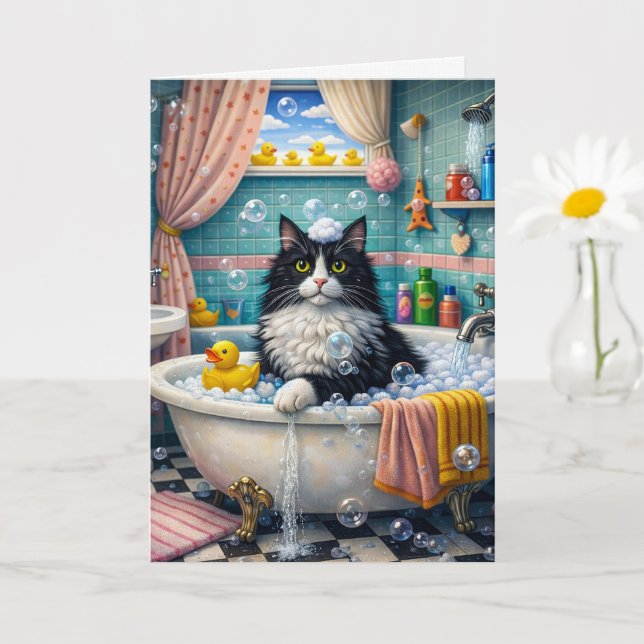 Carte Bath Time , Cat Greeting Card (Petite plante)