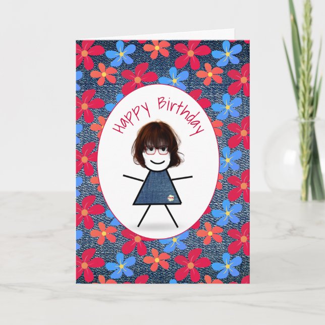 Carte Bâton d'anniversaire fille et marguerites sur Deni (Devant)